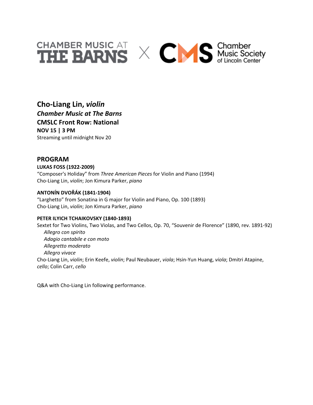 Cho-Liang Lin, Violin Chamber Music at the Barns CMSLC Front Row: National NOV 15 | 3 PM Streaming Until Midnight Nov 20