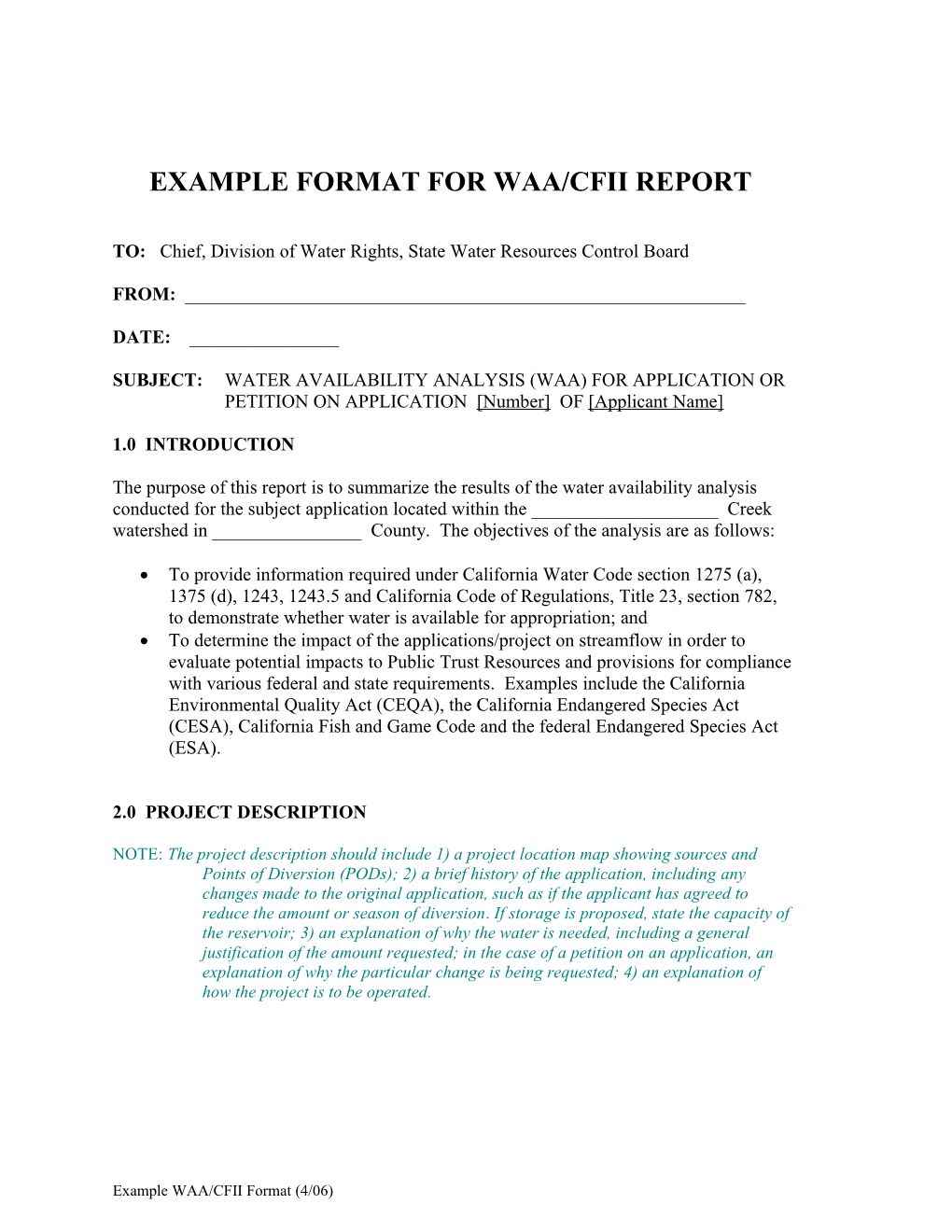 Example Format for Waa/Cfii Report