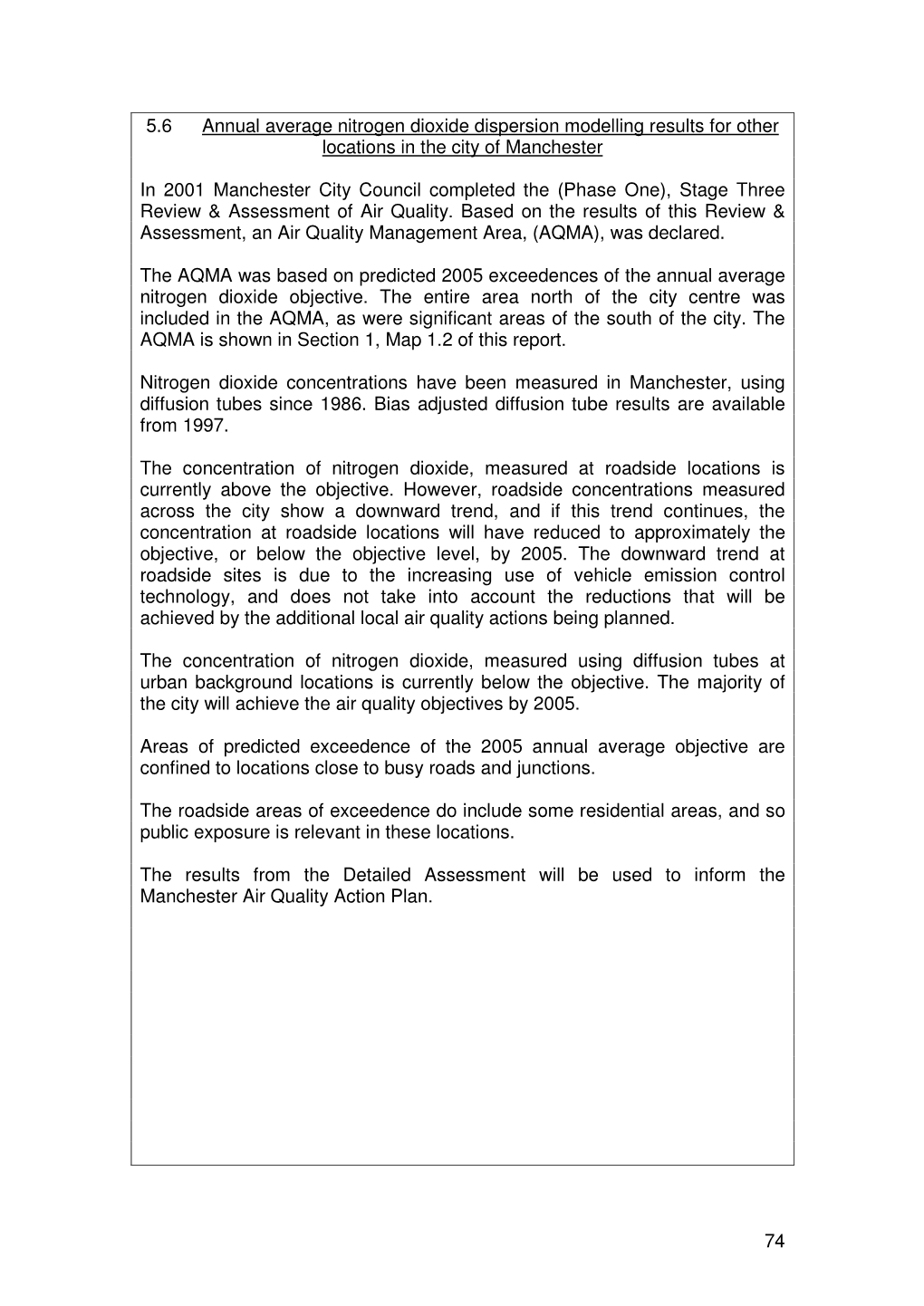 74 5.6 Annual Average Nitrogen Dioxide Dispersion Modelling Results for Other Locations in the City of Manchester