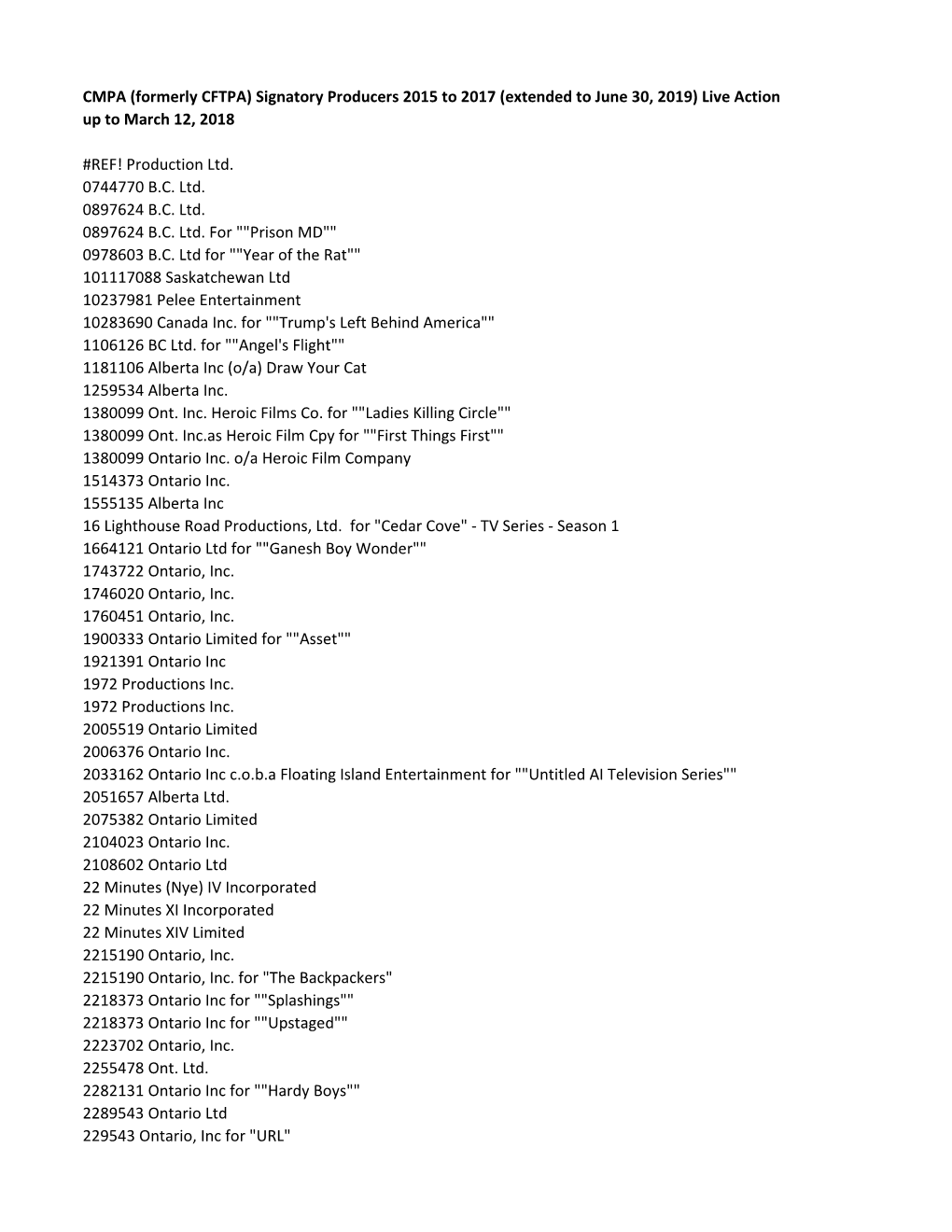 CMPA (Formerly CFTPA) Signatory Producers 2015 to 2017 (Extended to June 30, 2019) Live Action up to March 12, 2018