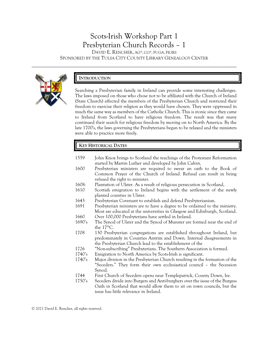 Scots-Irish Workshop Part 1 Presbyterian Church Records – 1 DAVID E