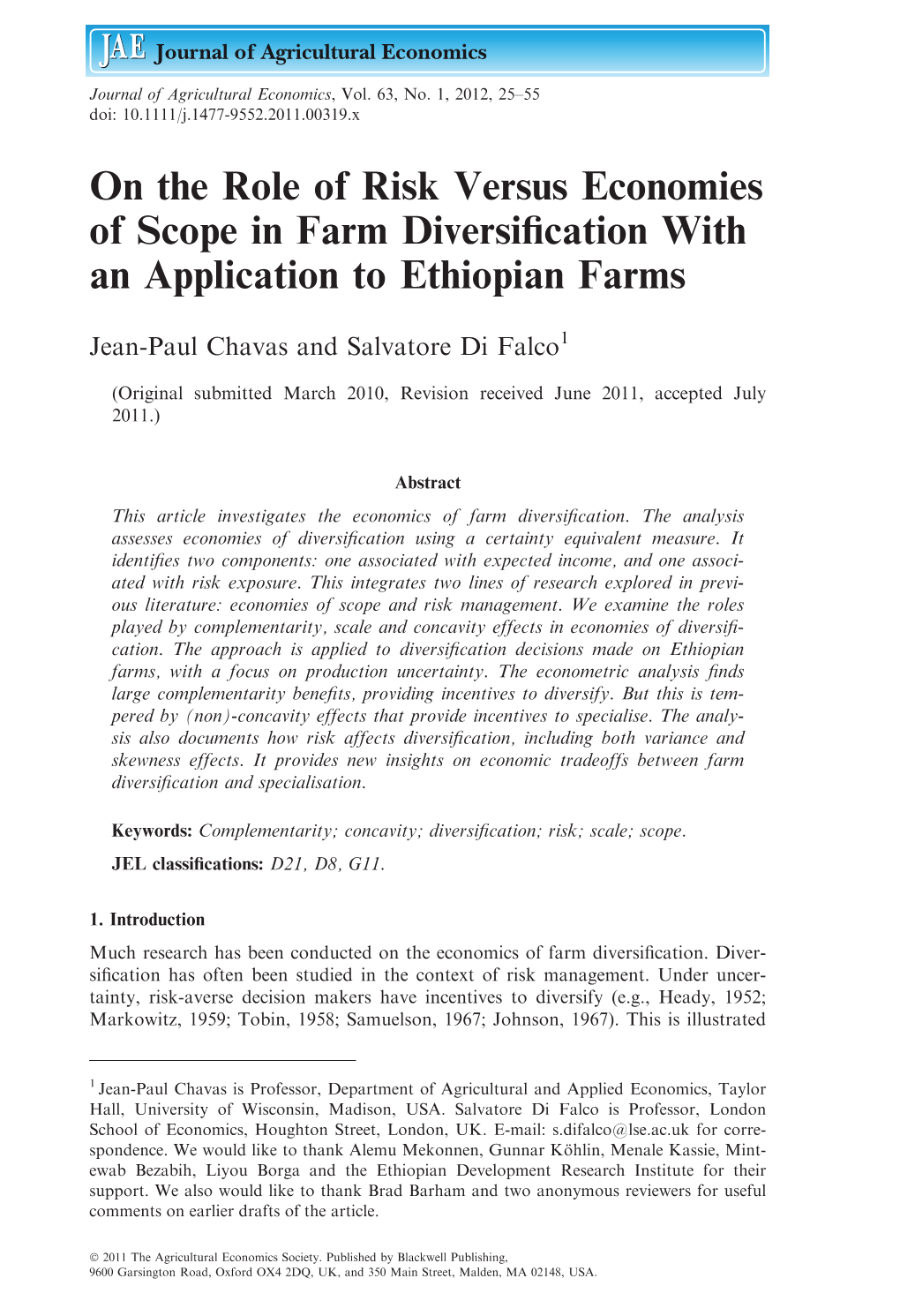 On the Role of Risk Versus Economies of Scope in Farm Diversiﬁcation with an Application to Ethiopian Farms