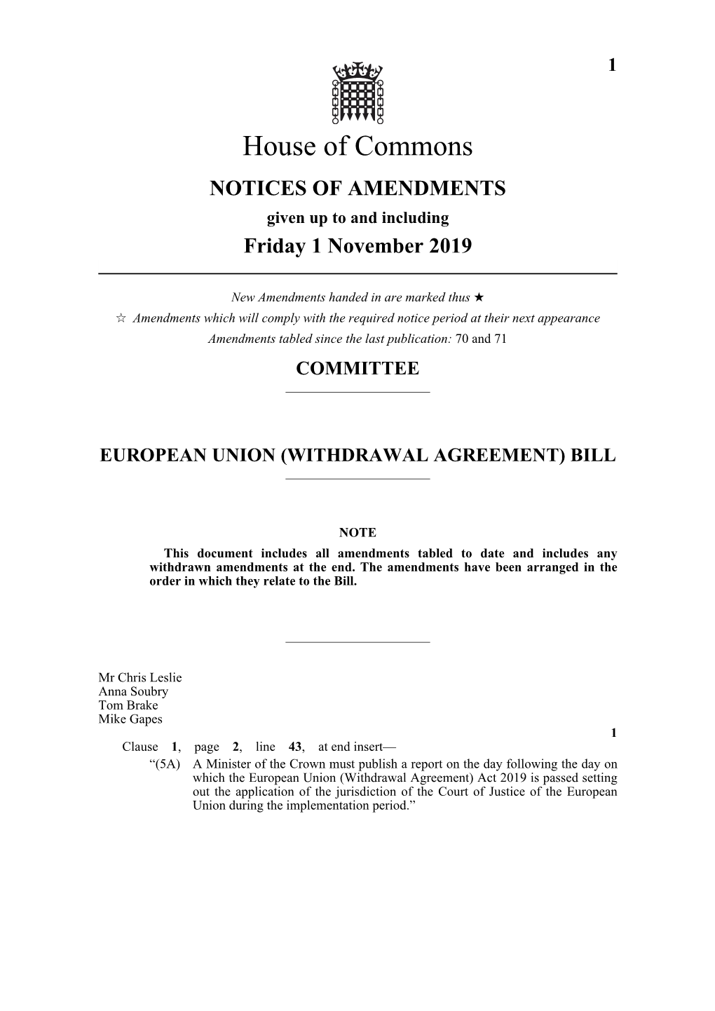 Notices of Amendments As at 1 November 2019
