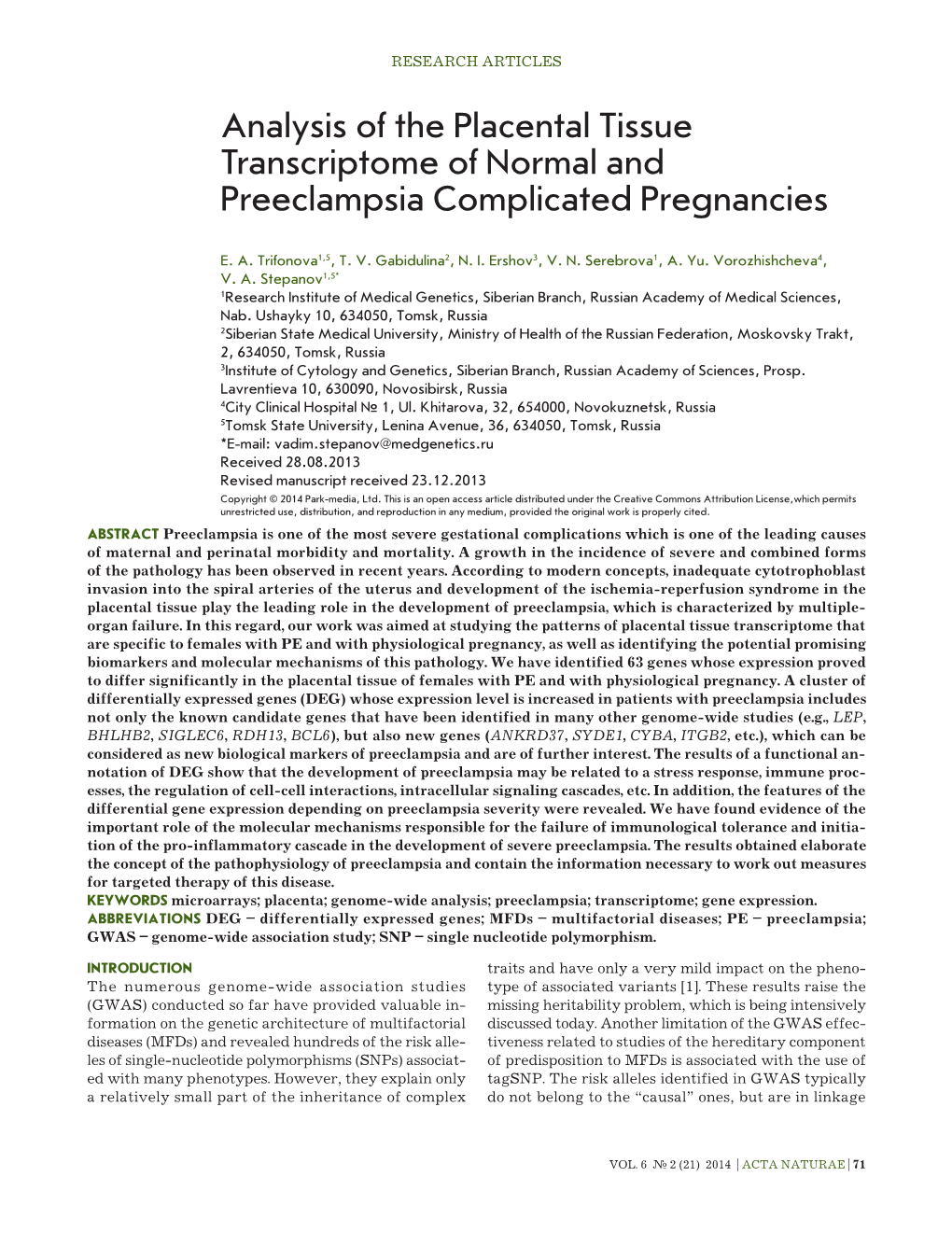 Analysis of the Placental Tissue Transcriptome of Normal and Preeclampsia Complicated Pregnancies