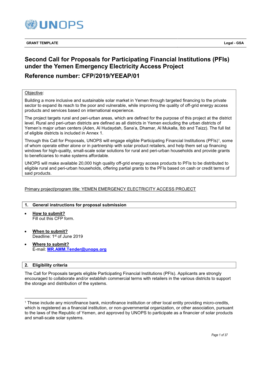 Under the Yemen Emergency Electricity Access Project Reference Number: CFP/2019/YEEAP/01