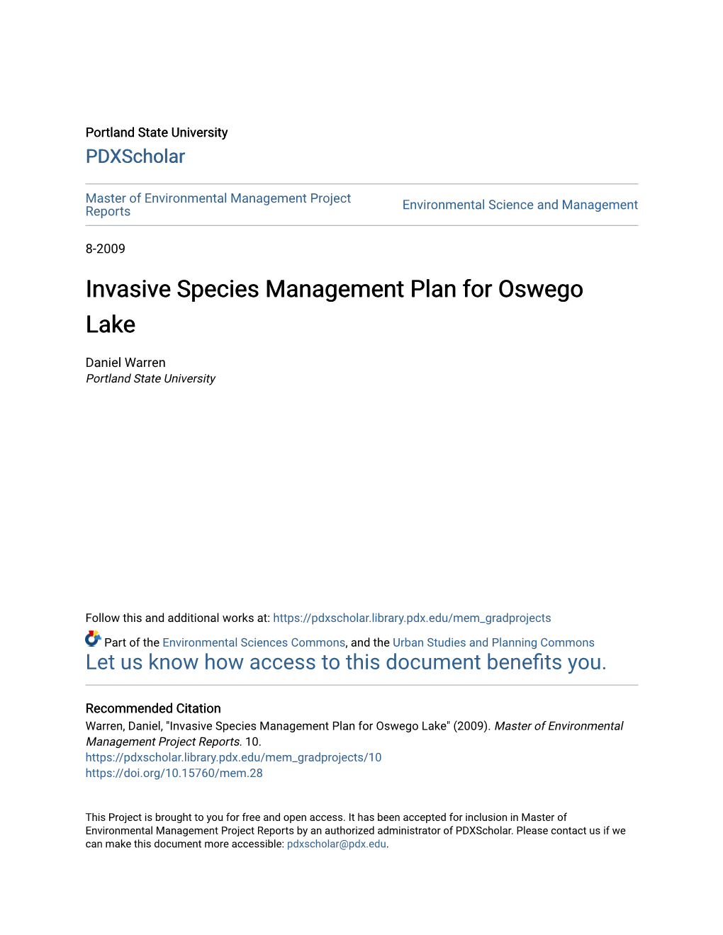 Invasive Species Management Plan for Oswego Lake