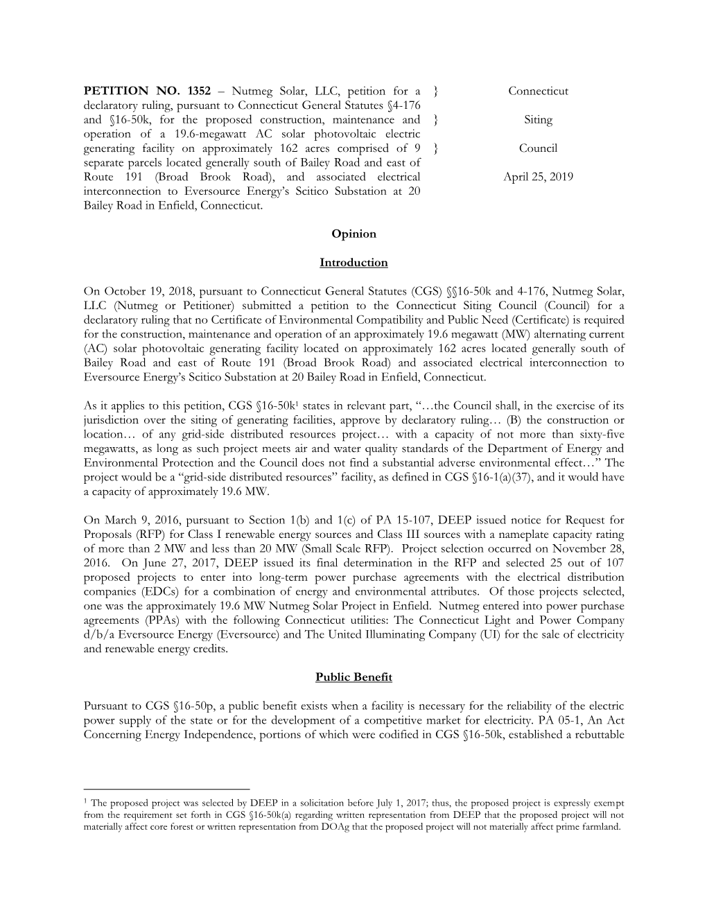 PETITION NO. 1352 – Nutmeg Solar, LLC, Petition for a Declaratory Ruling