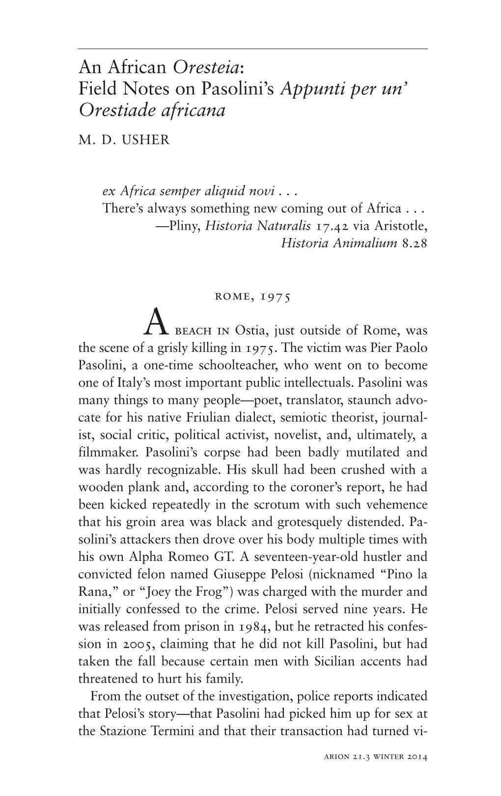 An African Oresteia: Field Notes on Pasolini's Appunti Per Un' Orestiade