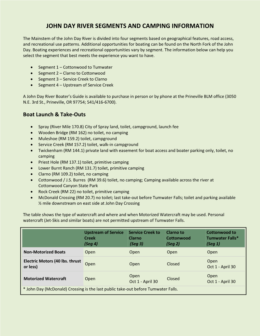 John Day River Segment and Camping Information