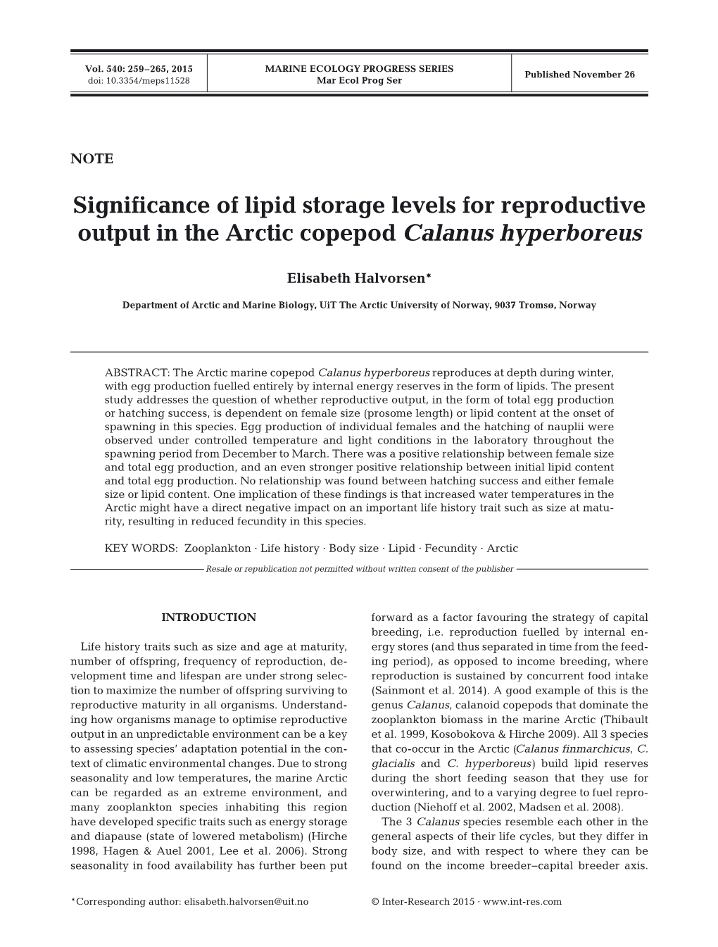 Significance of Lipid Storage Levels for Reproductive Output in the Arctic Copepod Calanus Hyperboreus