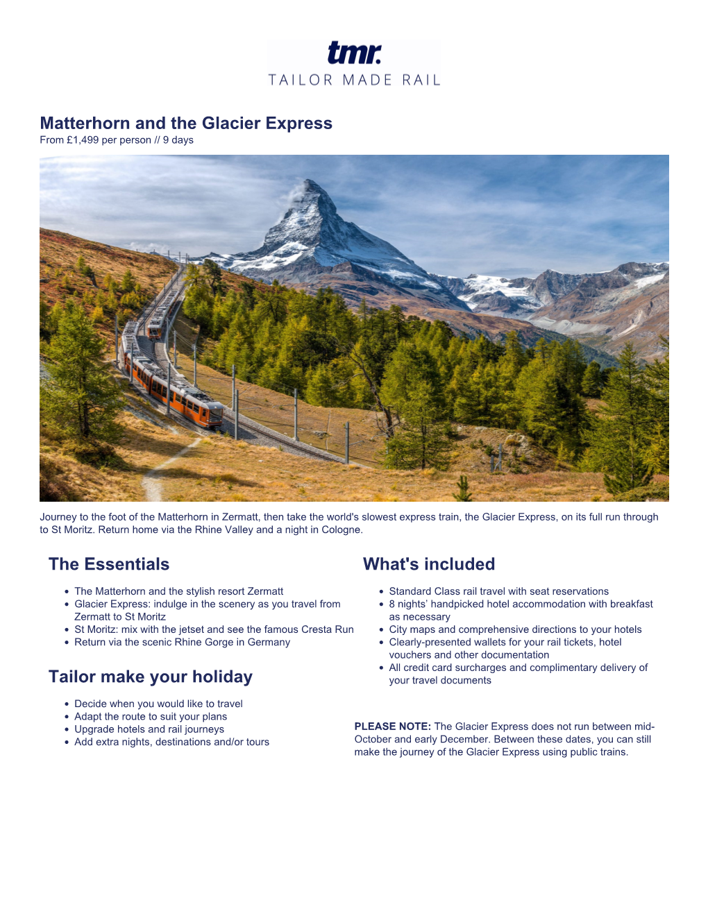 Matterhorn and the Glacier Express from £1,499 Per Person // 9 Days