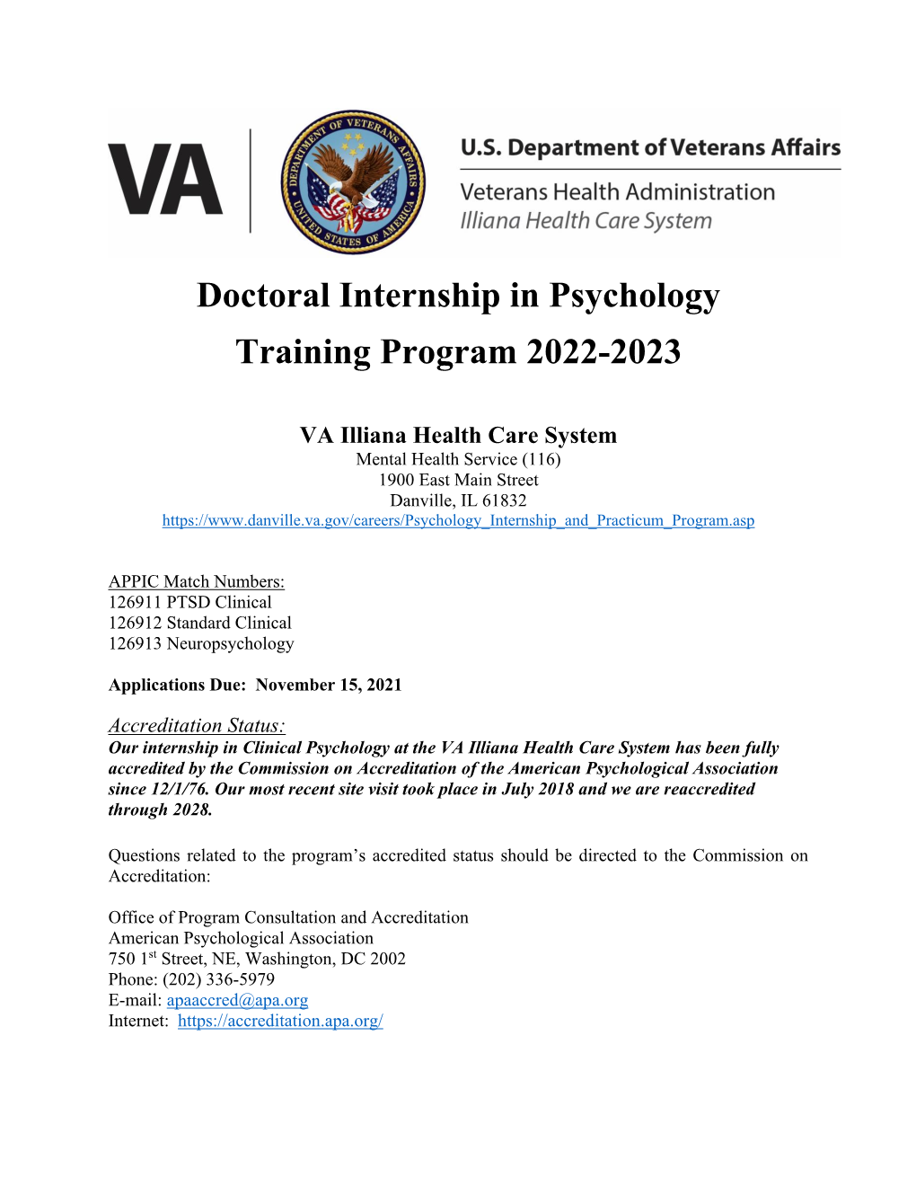 Doctoral Internship in Psychology Training Program 2022-2023