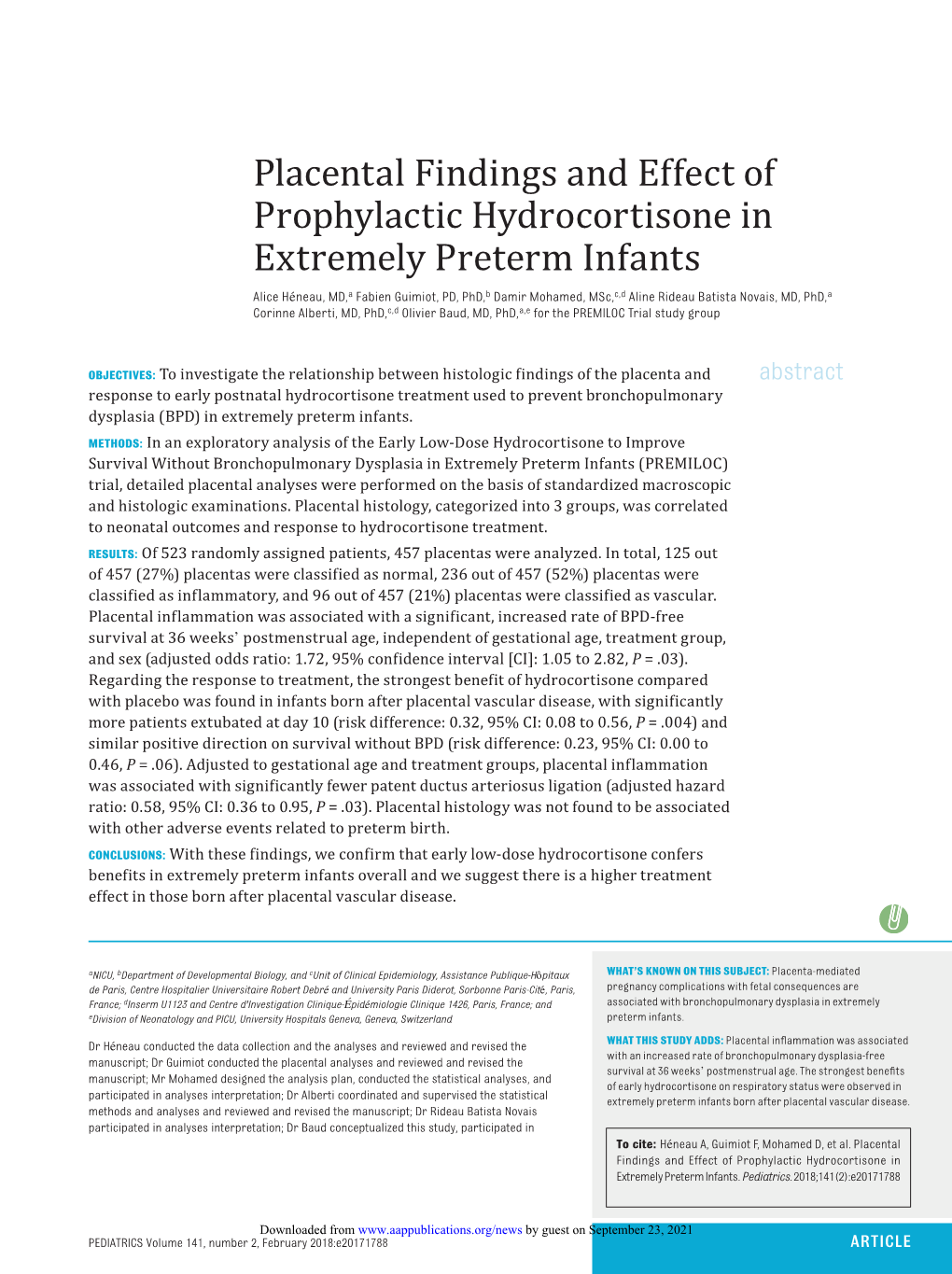Placental Findings and Effect of Prophylactic Hydrocortisone in Extremely Preterm Infants