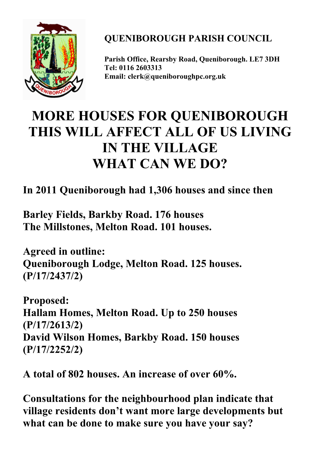 Houses for Queniborough This Will Affect All of Us Living in the Village What Can We Do?