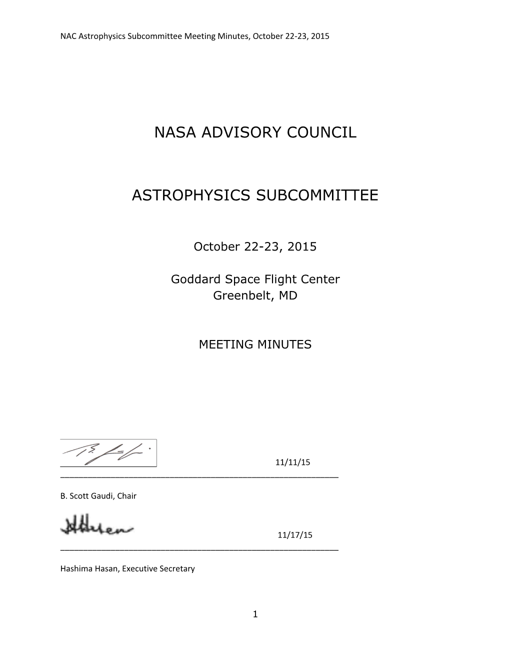NAC Astrophysics Subcommittee Meeting Minutes, October 22-23, 2015
