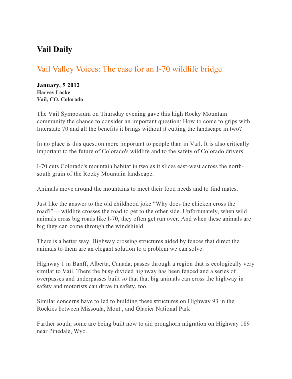 Vail Valley Voices: the Case for an I-70 Wildlife Bridge