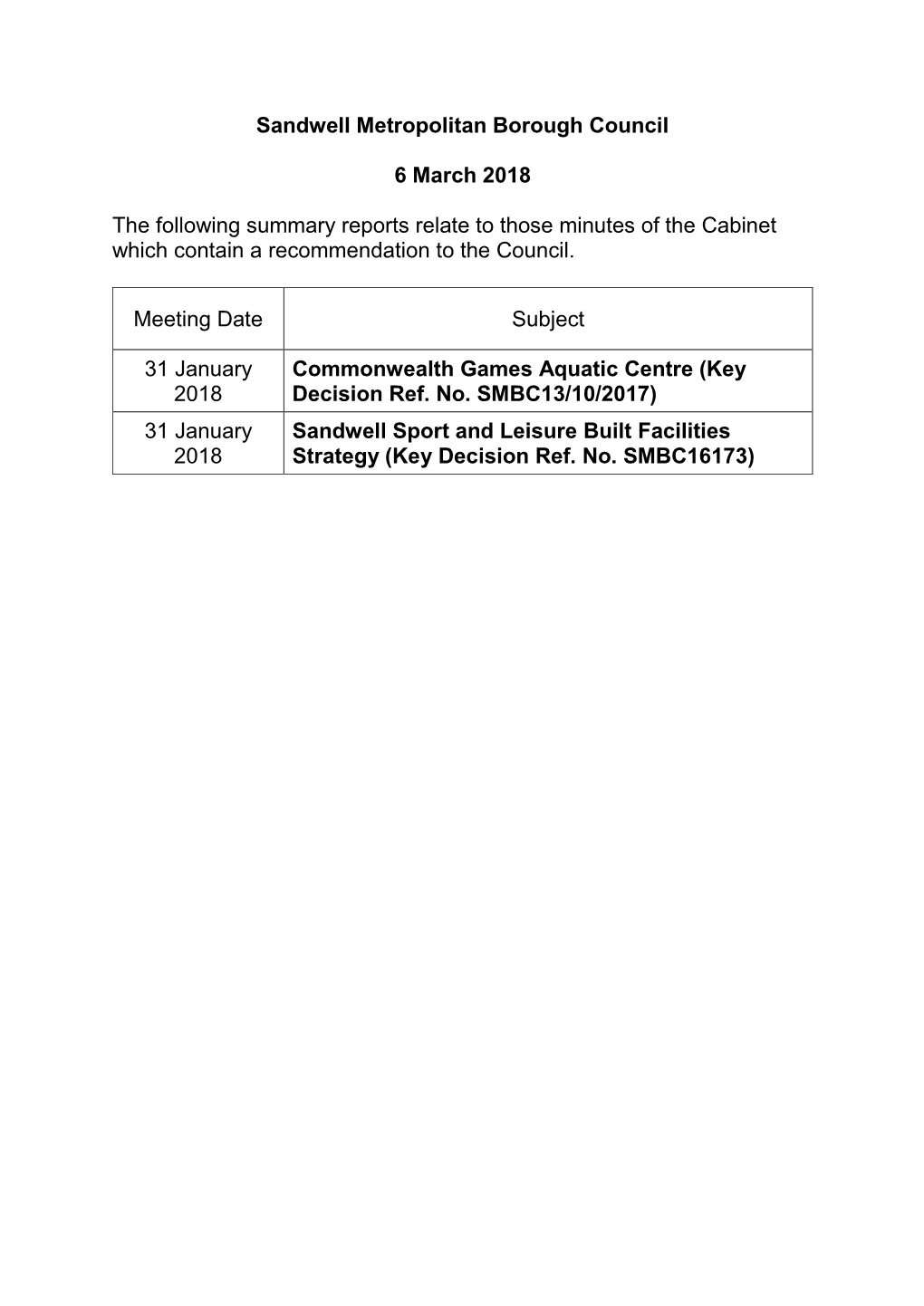 Sandwell Metropolitan Borough Council 6 March 2018 The