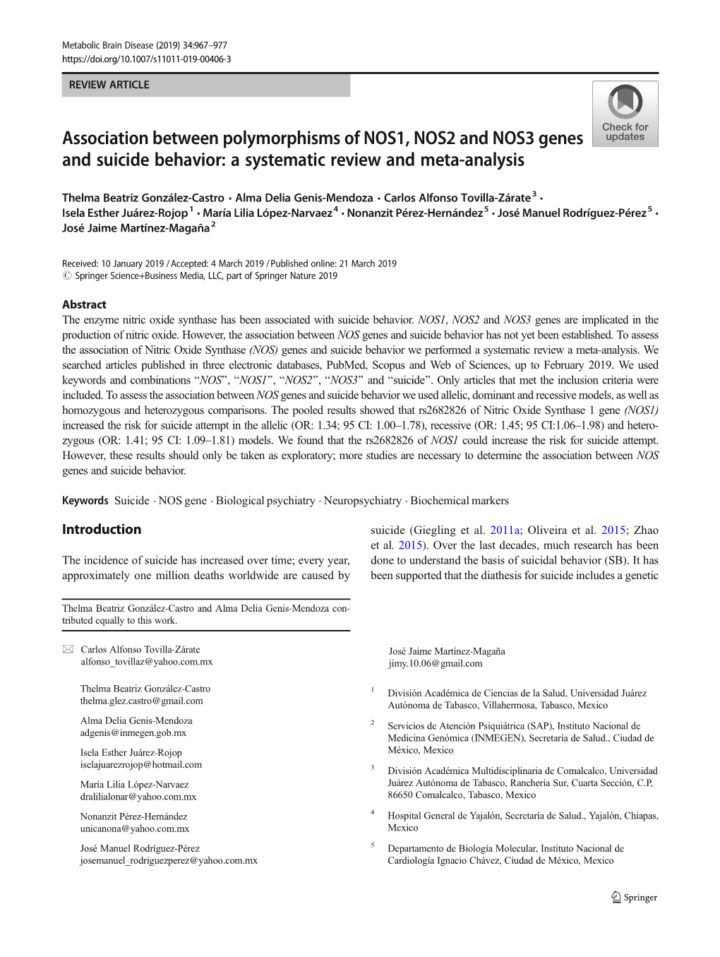 Association Between Polymorphisms of NOS1, NOS2 and NOS3 Genes and Suicide Behavior: a Systematic Review and Meta-Analysis