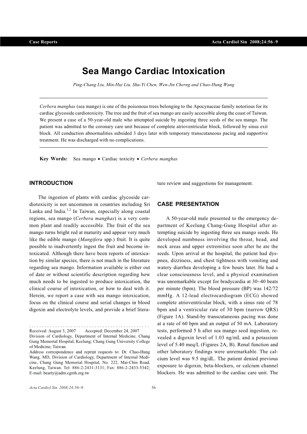 Sea Mango Cardiac Intoxication Acta Cardiol Sin 2008;24:56-9