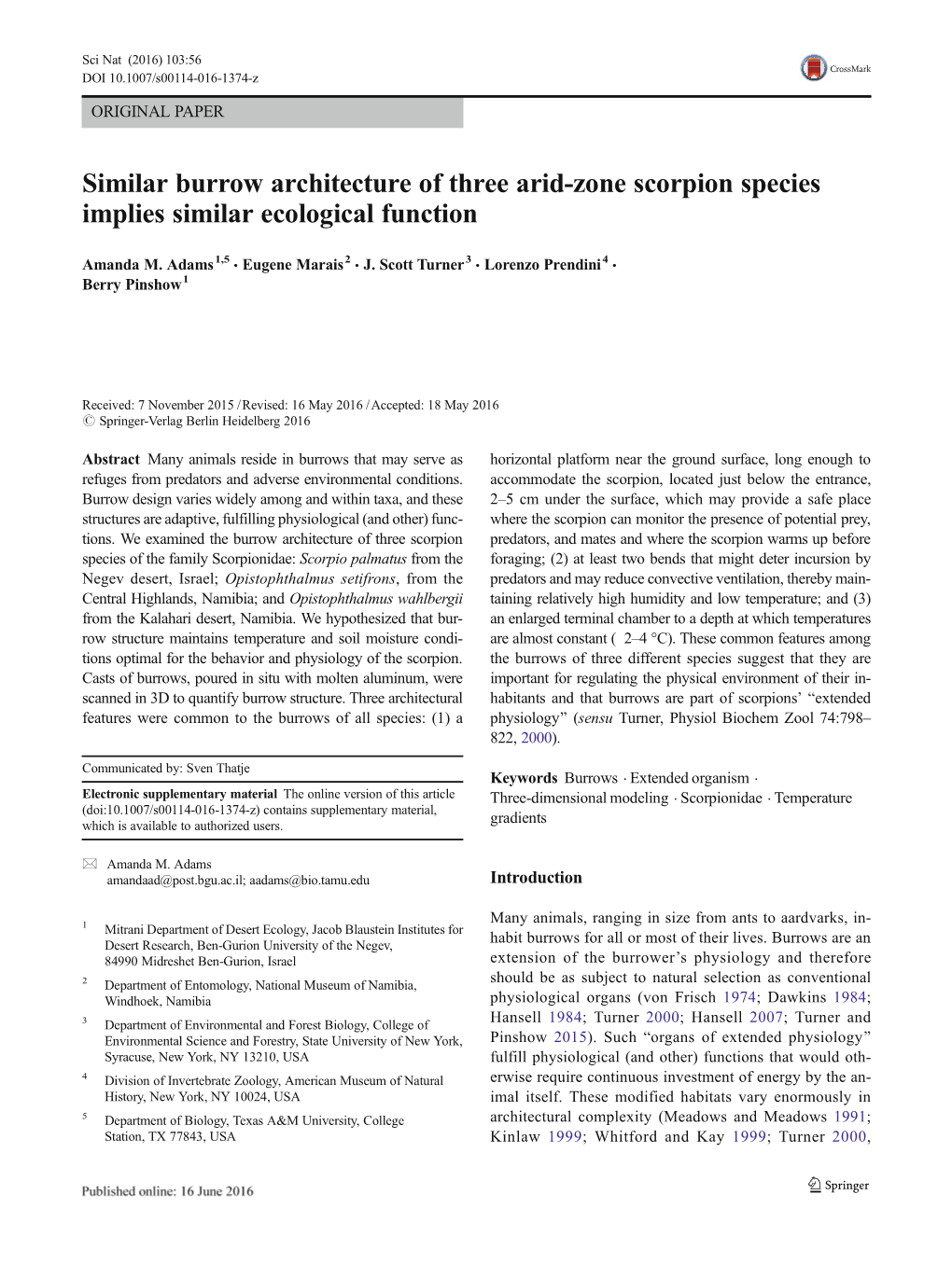 Similar Burrow Architecture of Three Arid-Zone Scorpion Species Implies Similar Ecological Function