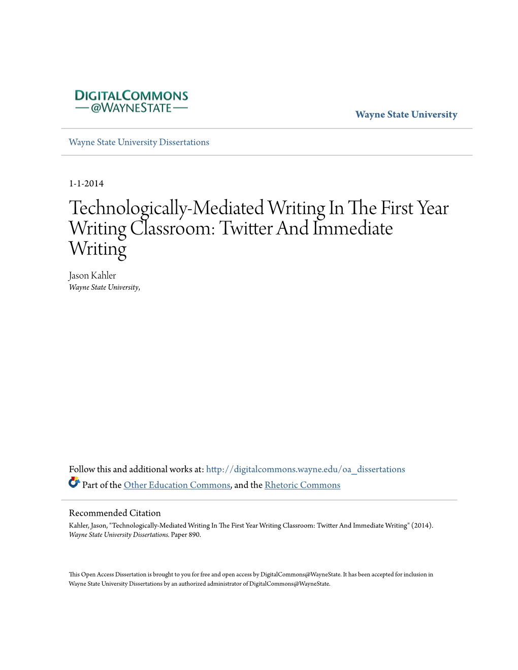 Twitter and Immediate Writing Jason Kahler Wayne State University