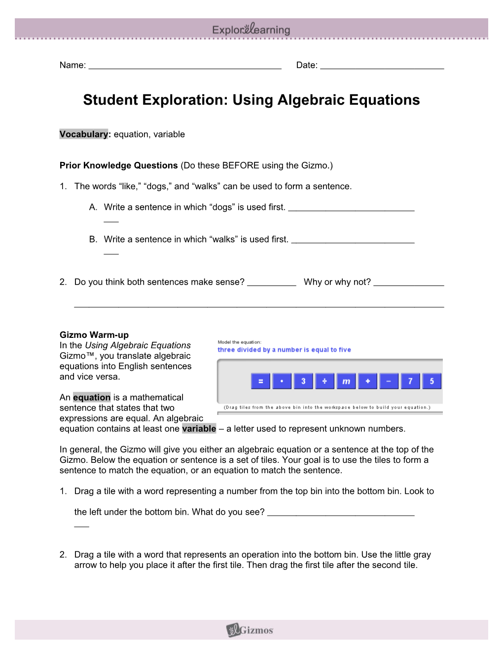 Student Exploration: Using Algebraic Equations