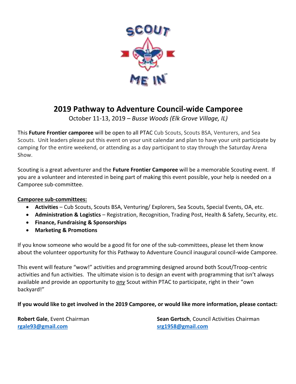 2019 Pathway to Adventure Council-Wide Camporee October 11-13, 2019 – Busse Woods (Elk Grove Village, IL)