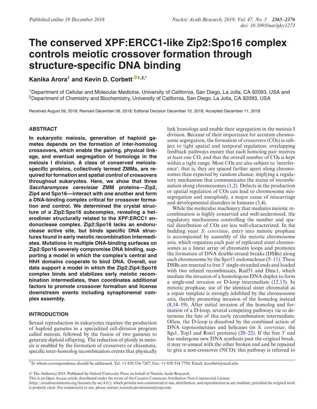 The Conserved XPF:ERCC1-Like Zip2:Spo16 Complex Controls Meiotic Crossover Formation Through Structure-Specific DNA Binding