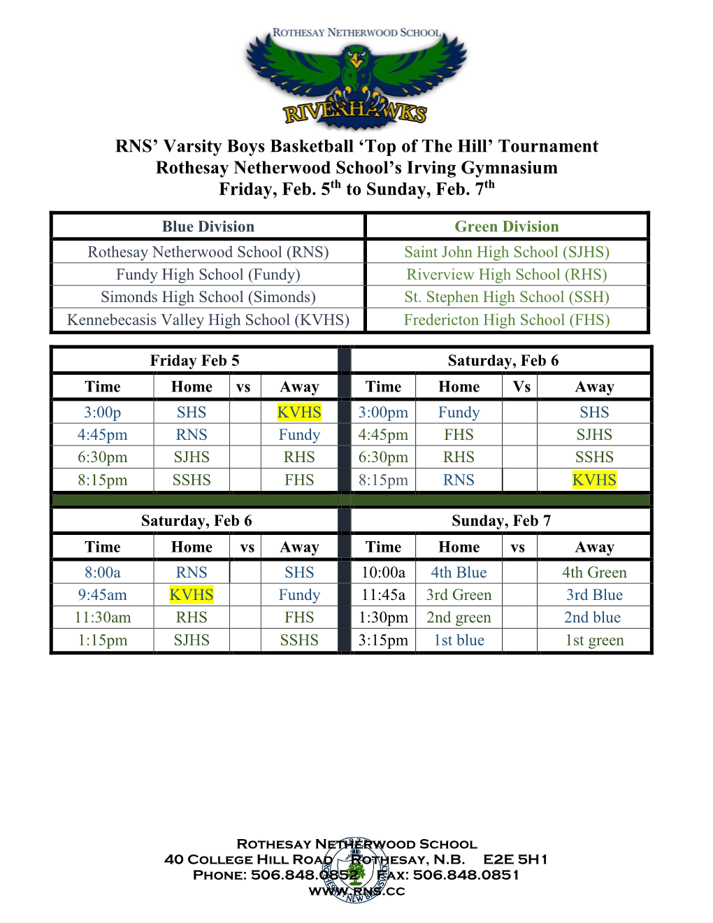 RNS' Varsity Boys Basketball 'Top of the Hill' Tournament Rothesay