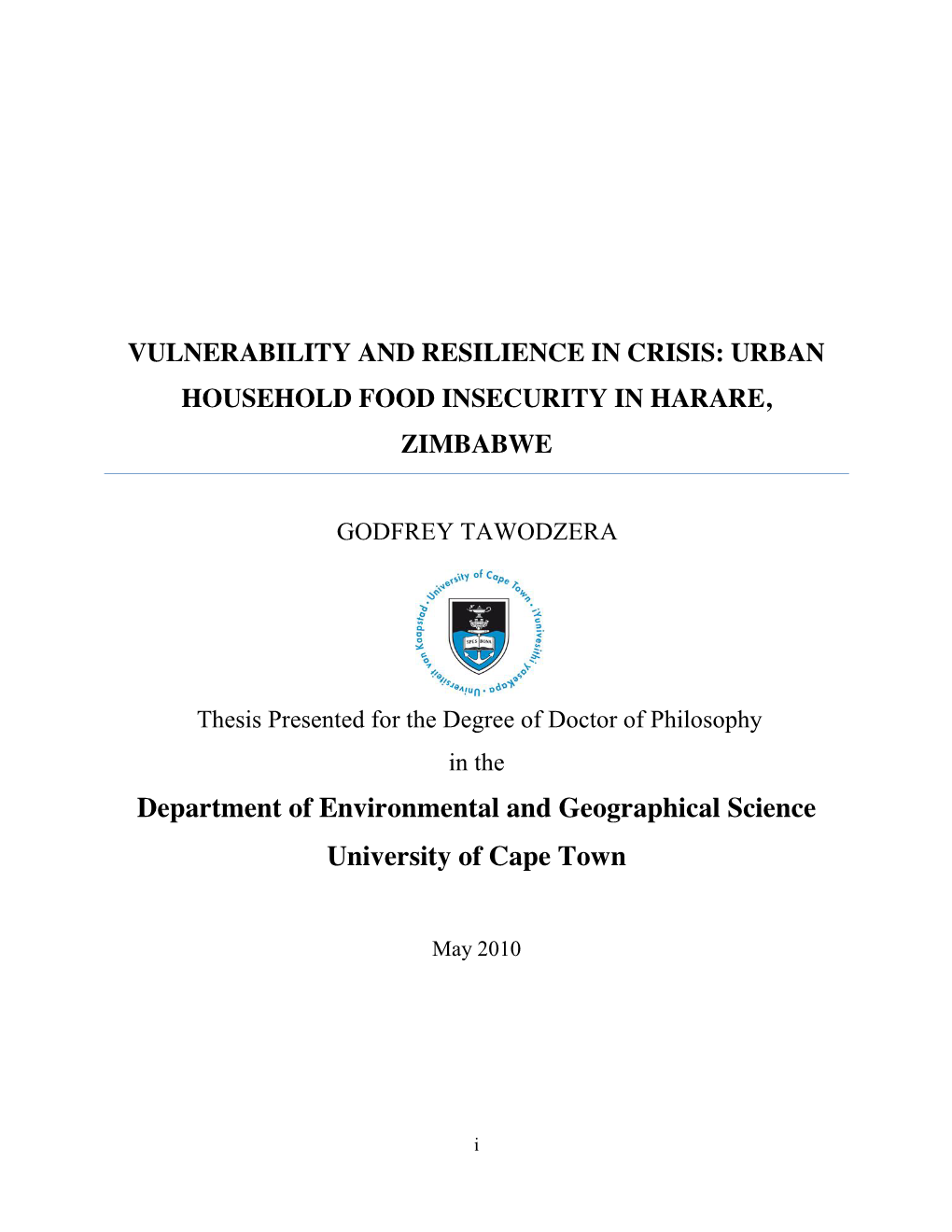 Urban Food Insecurity in Harare, Zimbabwe