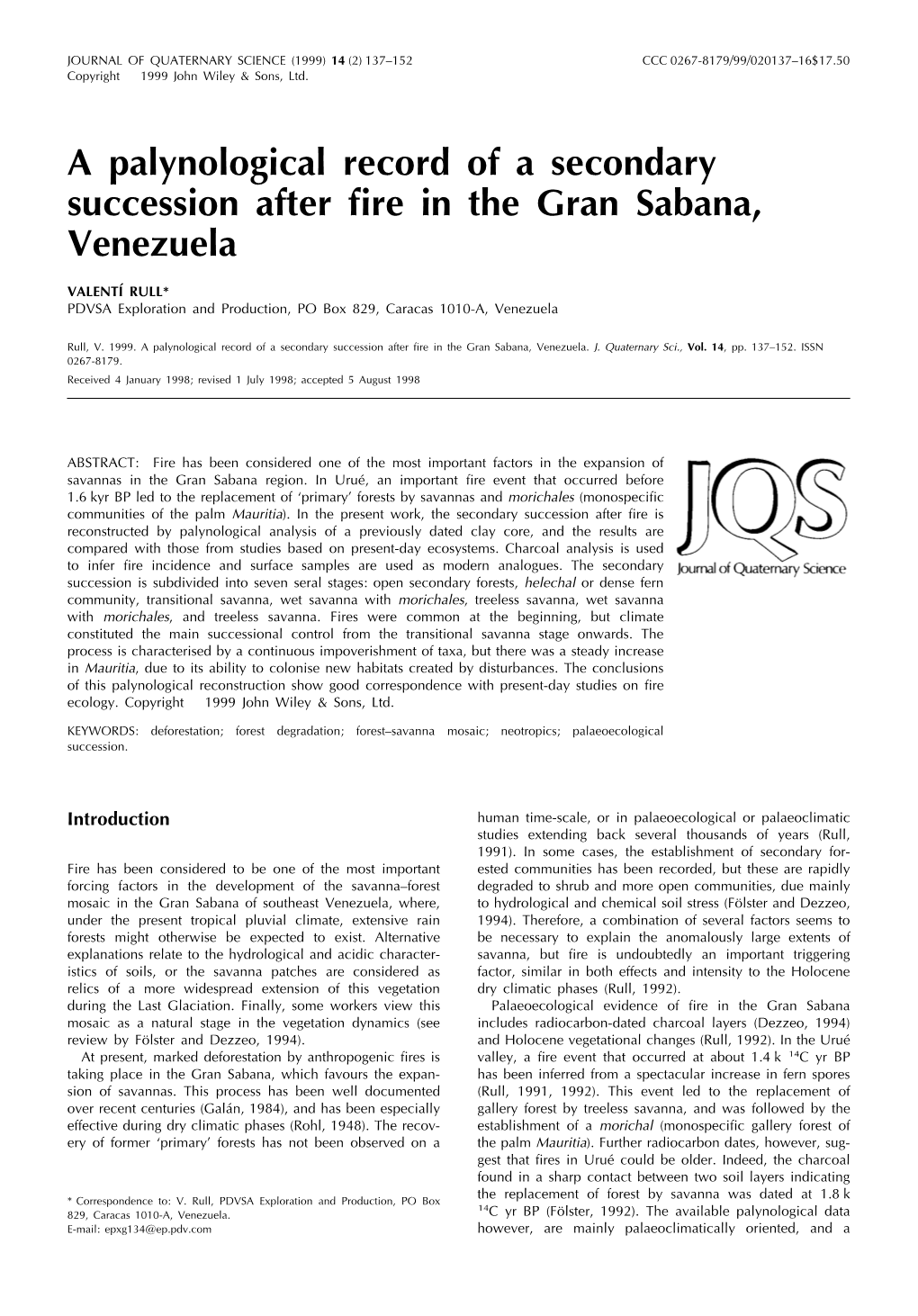A Palynological Record of a Secondary Succession After Fire in the Gran Sabana, Venezuela