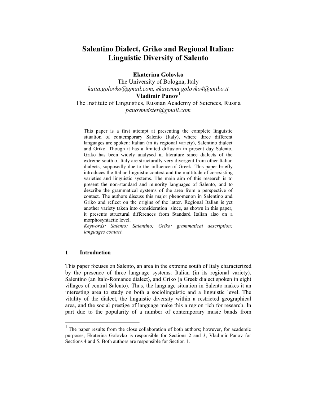 Salentino Dialect, Griko and Regional Italian: Linguistic Diversity of Salento