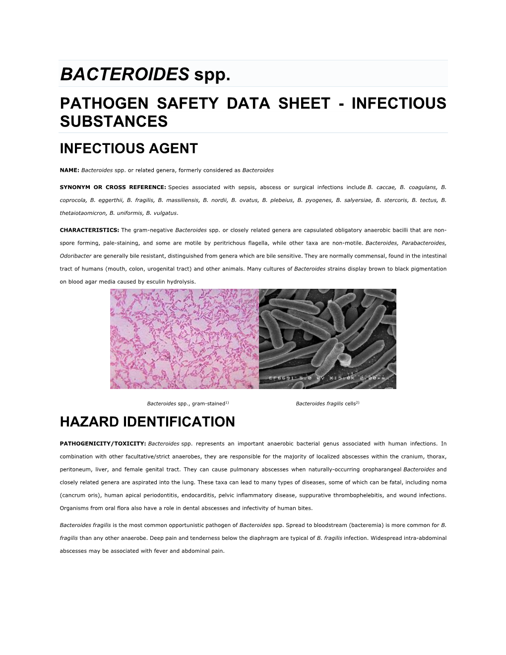 BACTEROIDES Spp. PATHOGEN SAFETY DATA SHEET - INFECTIOUS SUBSTANCES INFECTIOUS AGENT