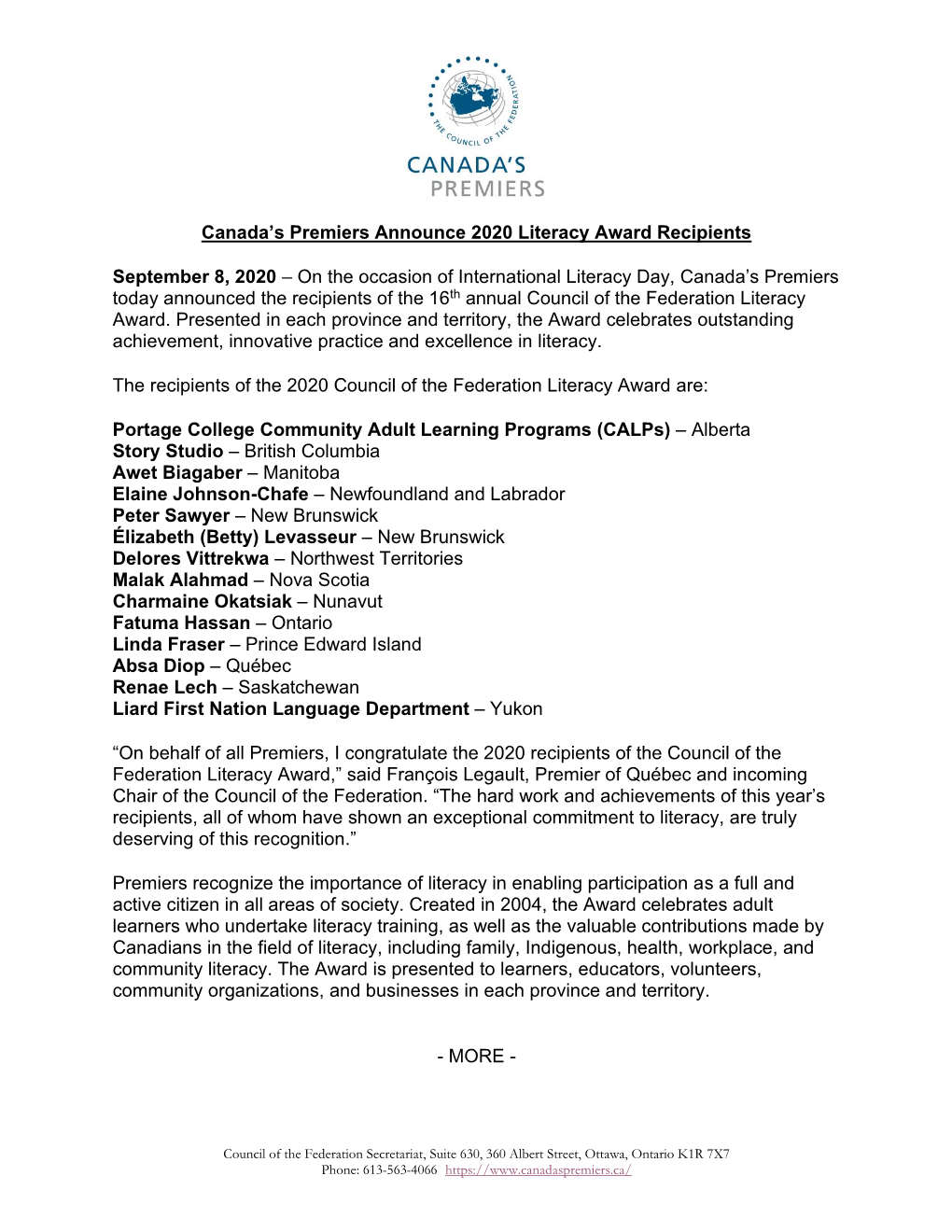 Canada's Premiers Announce 2020 Literacy Award Recipients