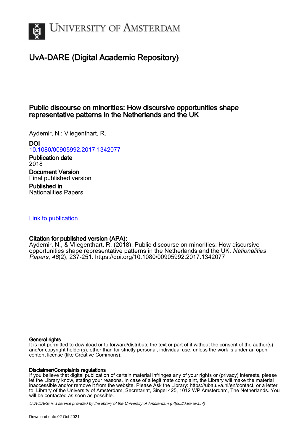 Public Discourse on Minorities: How Discursive Opportunities Shape Representative Patterns in the Netherlands and the UK