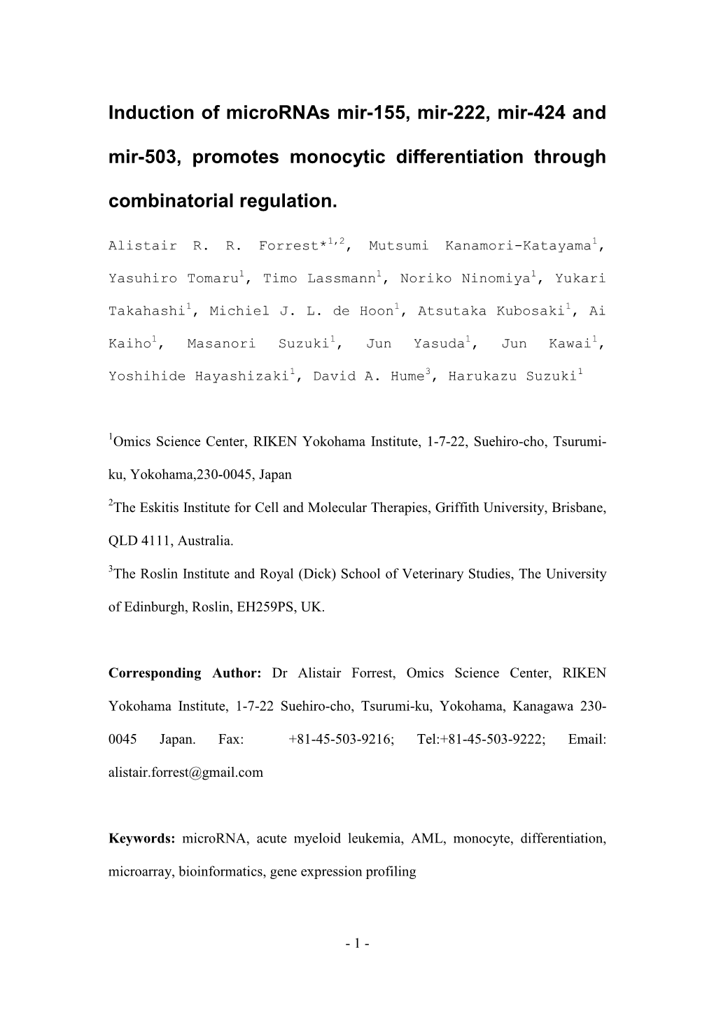 Induction of Micrornas Mir-155, Mir-222, Mir-424 and Mir-503, Promotes Monocytic Differentiation Through Combinatorial Regulation