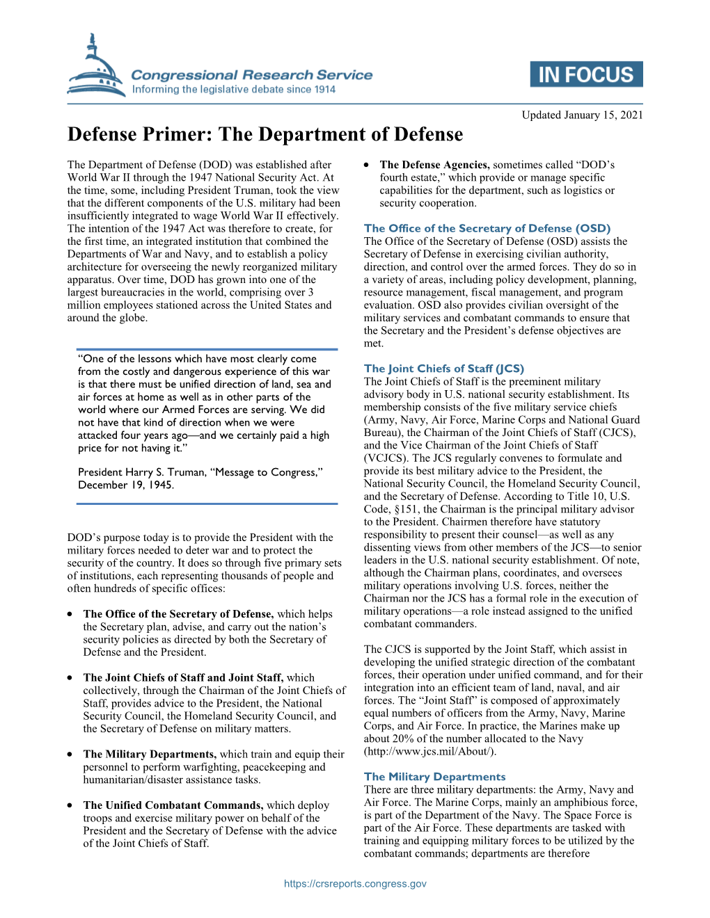 Defense Primer: the Department of Defense