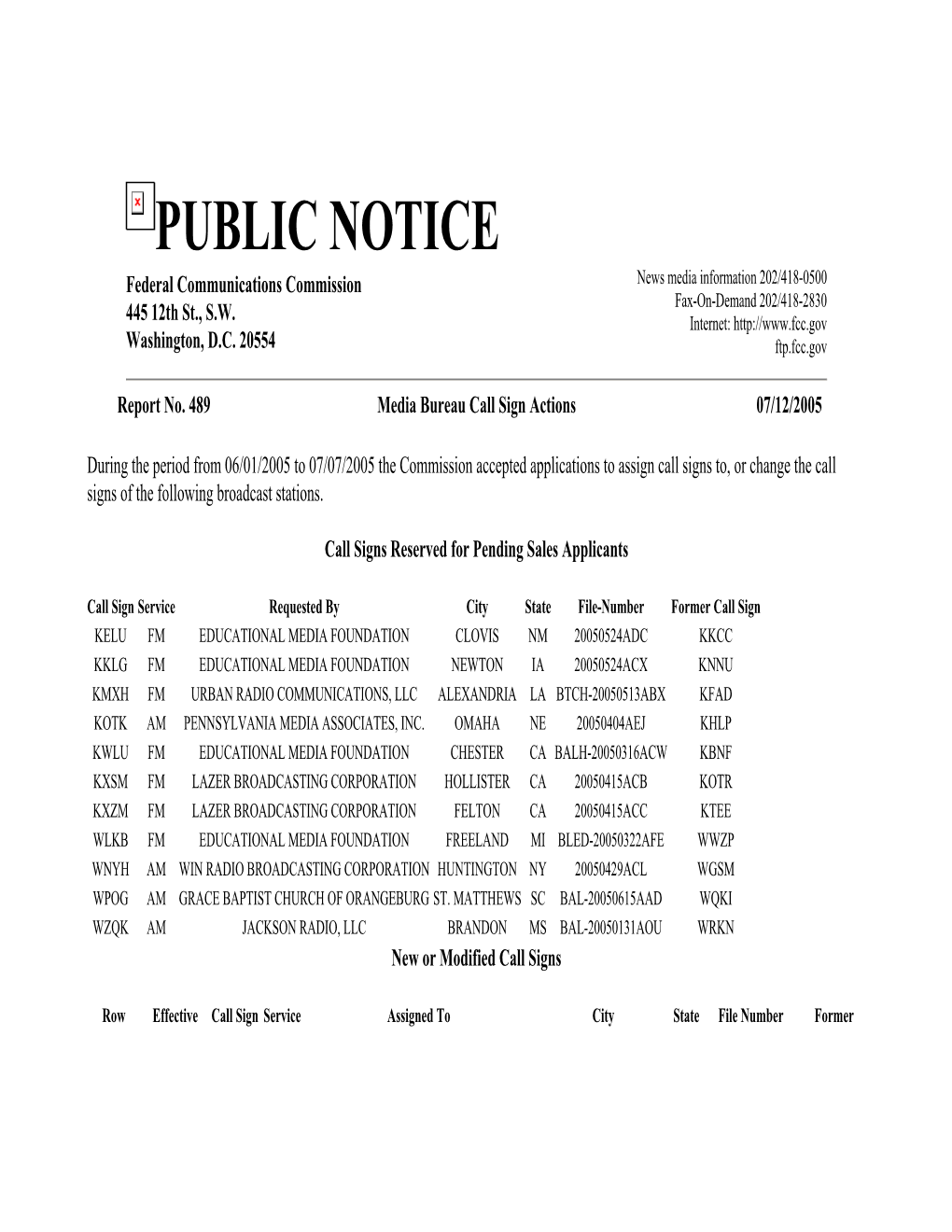 PUBLIC NOTICE Federal Communications Commission News Media Information 202/418-0500 Fax-On-Demand 202/418-2830 445 12Th St., S.W