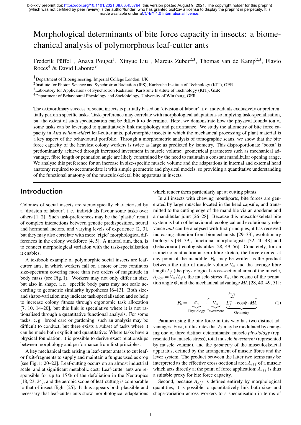 Morphological Determinants of Bite Force Capacity in Insects: a Biome- Chanical Analysis of Polymorphous Leaf-Cutter Ants