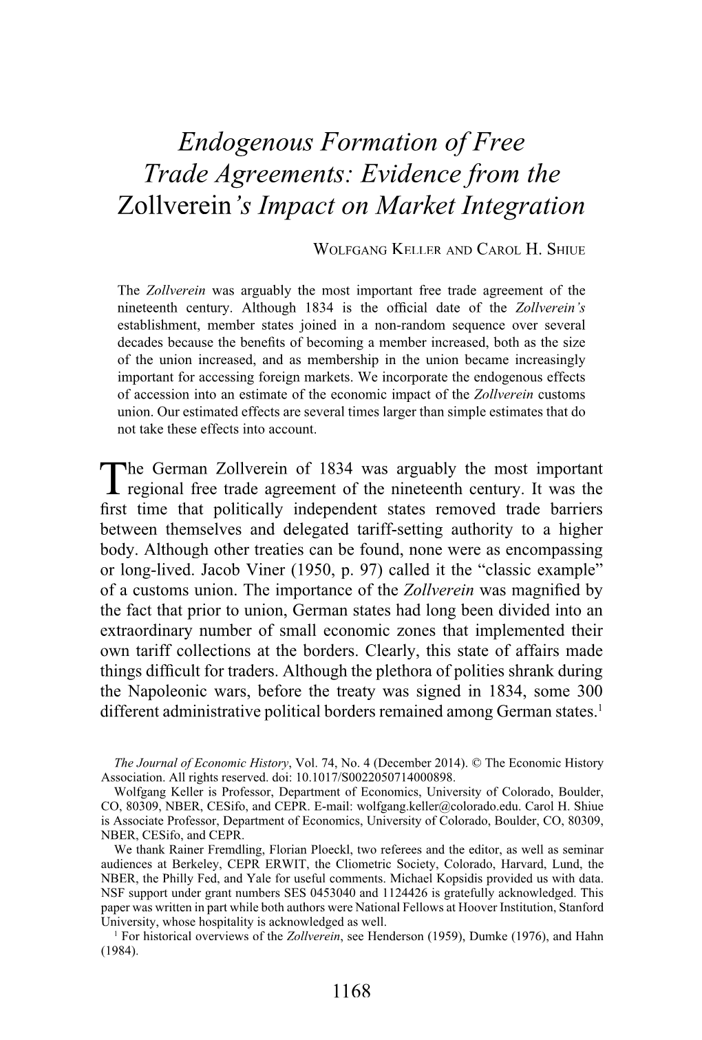 Endogenous Formation of Free Trade Agreements: Evidence from the Zollverein’S Impact on Market Integration