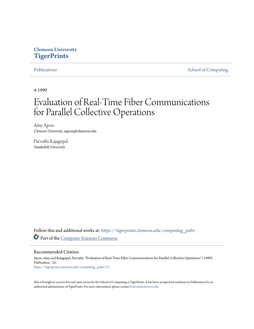 Evaluation of Real-Time Fiber Communications for Parallel Collective Operations Amy Apon Clemson University, Aapon@Clemson.Edu