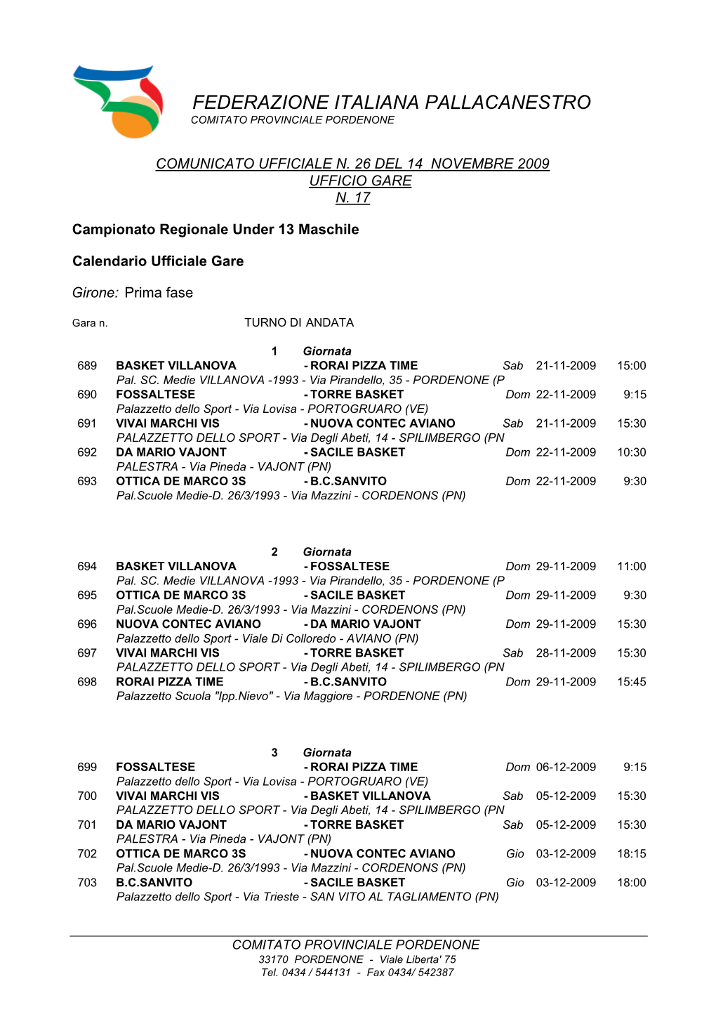 Federazione Italiana Pallacanestro Comitato Provinciale Pordenone