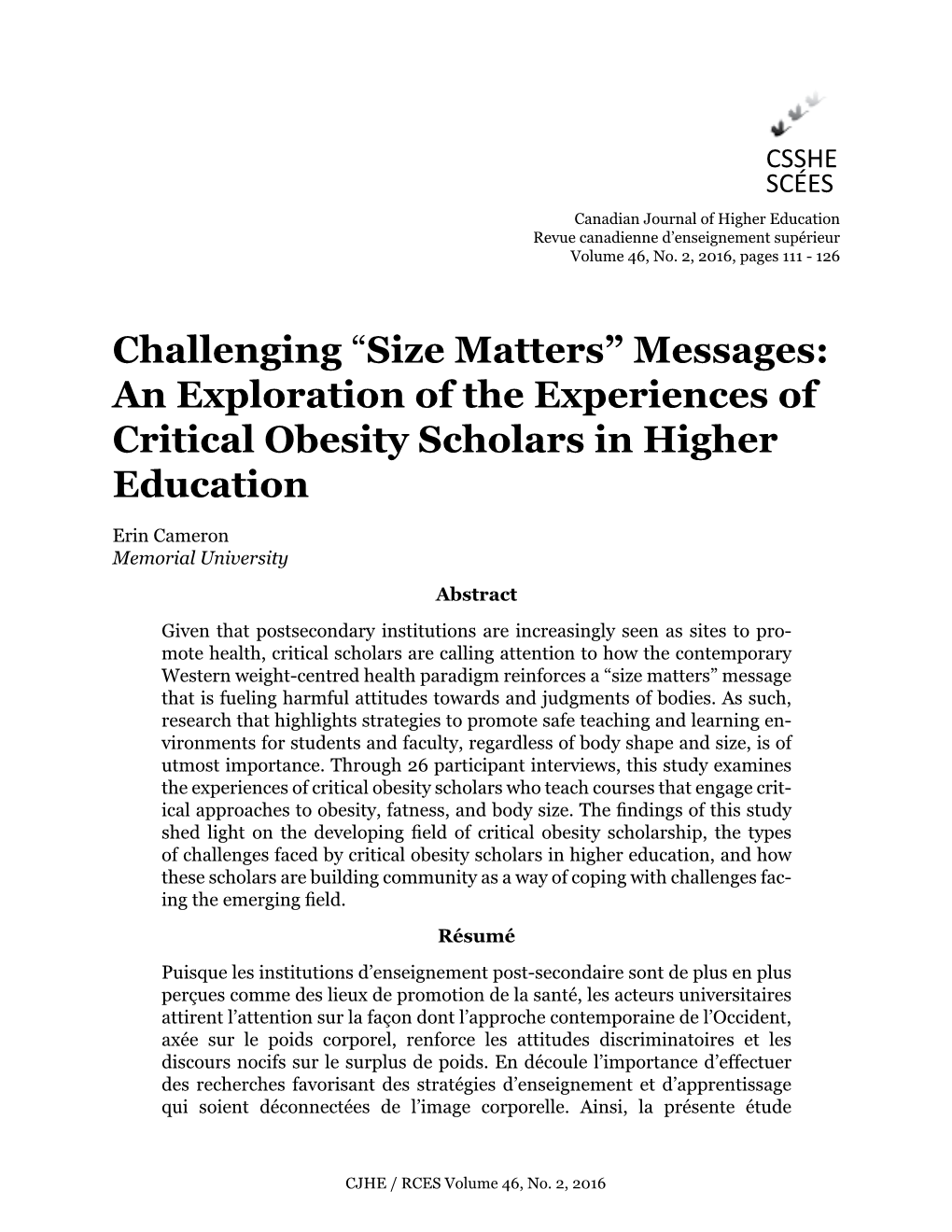 An Exploration of the Experiences of Critical Obesity Scholars in Higher Education