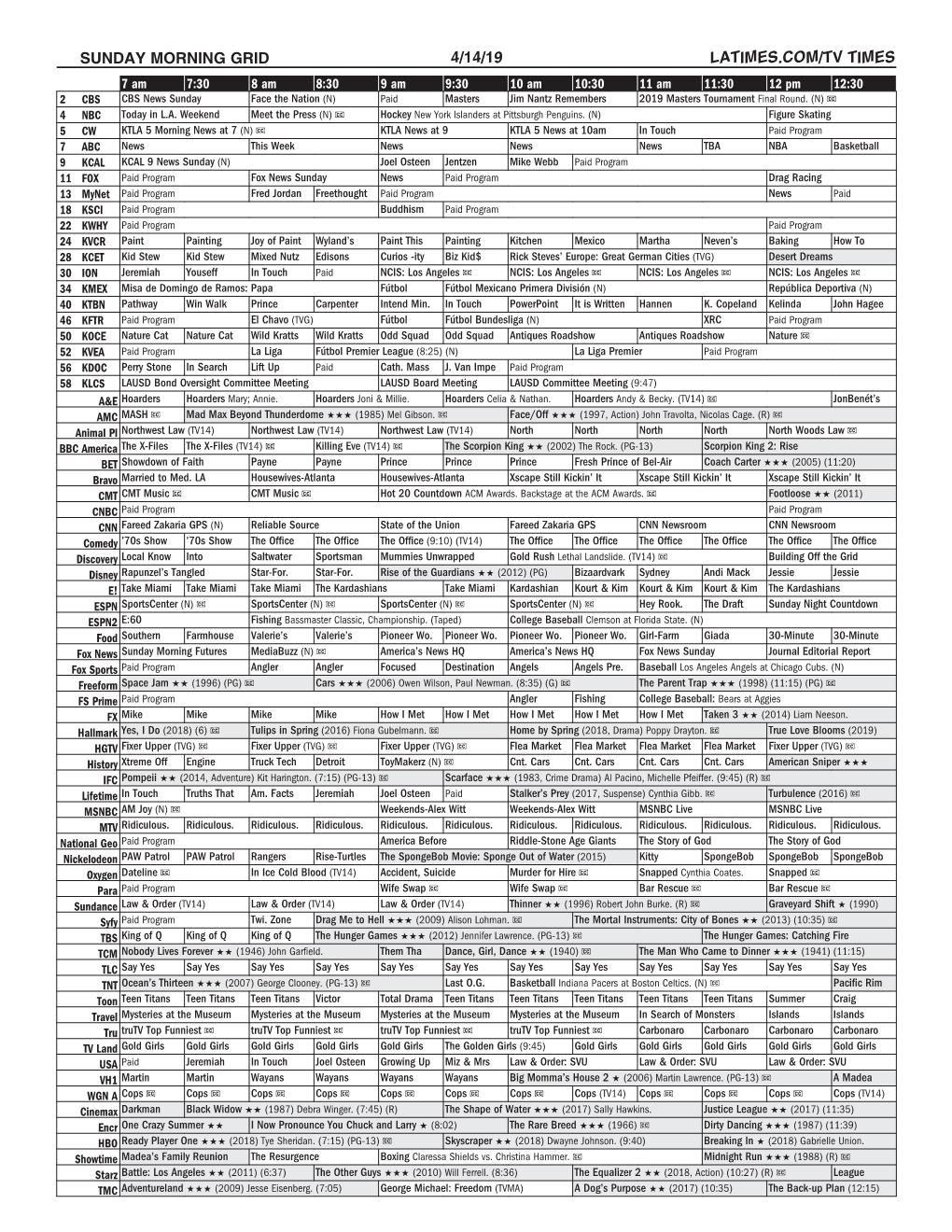 Sunday Morning Grid 4/14/19 Latimes.Com/Tv Times