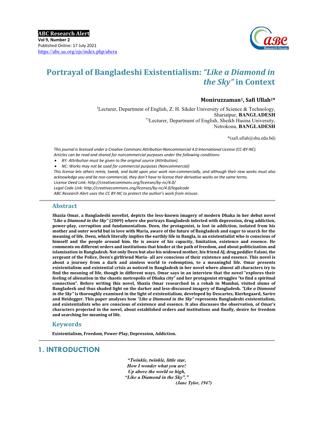 Portrayal of Bangladeshi Existentialism: “Like a Diamond in the Sky” in Context