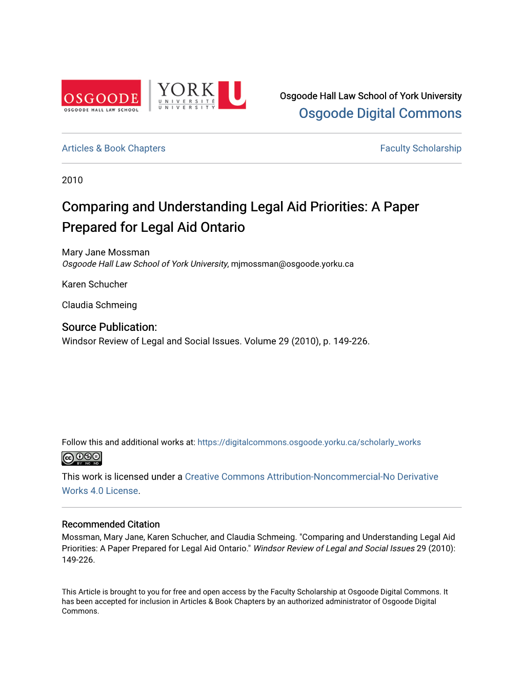 Comparing and Understanding Legal Aid Priorities: a Paper Prepared for Legal Aid Ontario