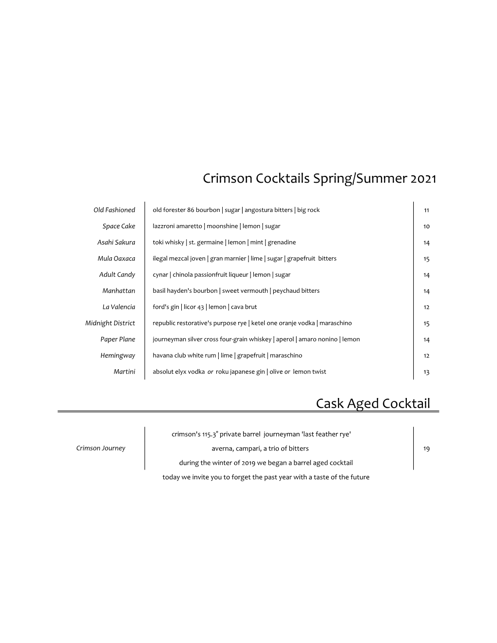 Cask Aged Cocktail Crimson Cocktails Spring/Summer 2021