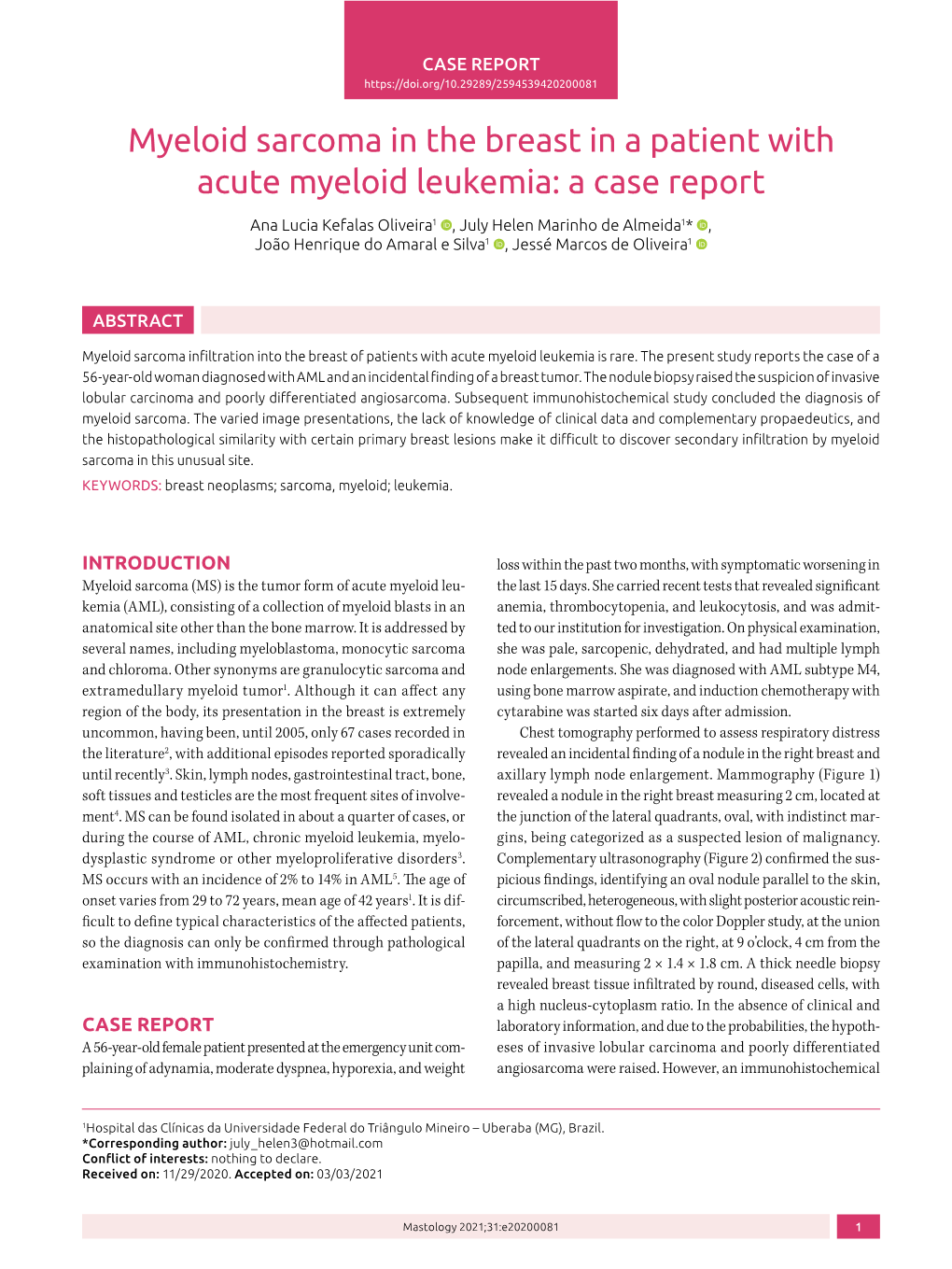 Myeloid Sarcoma in the Breast in a Patient with Acute Myeloid Leukemia: a Case Report