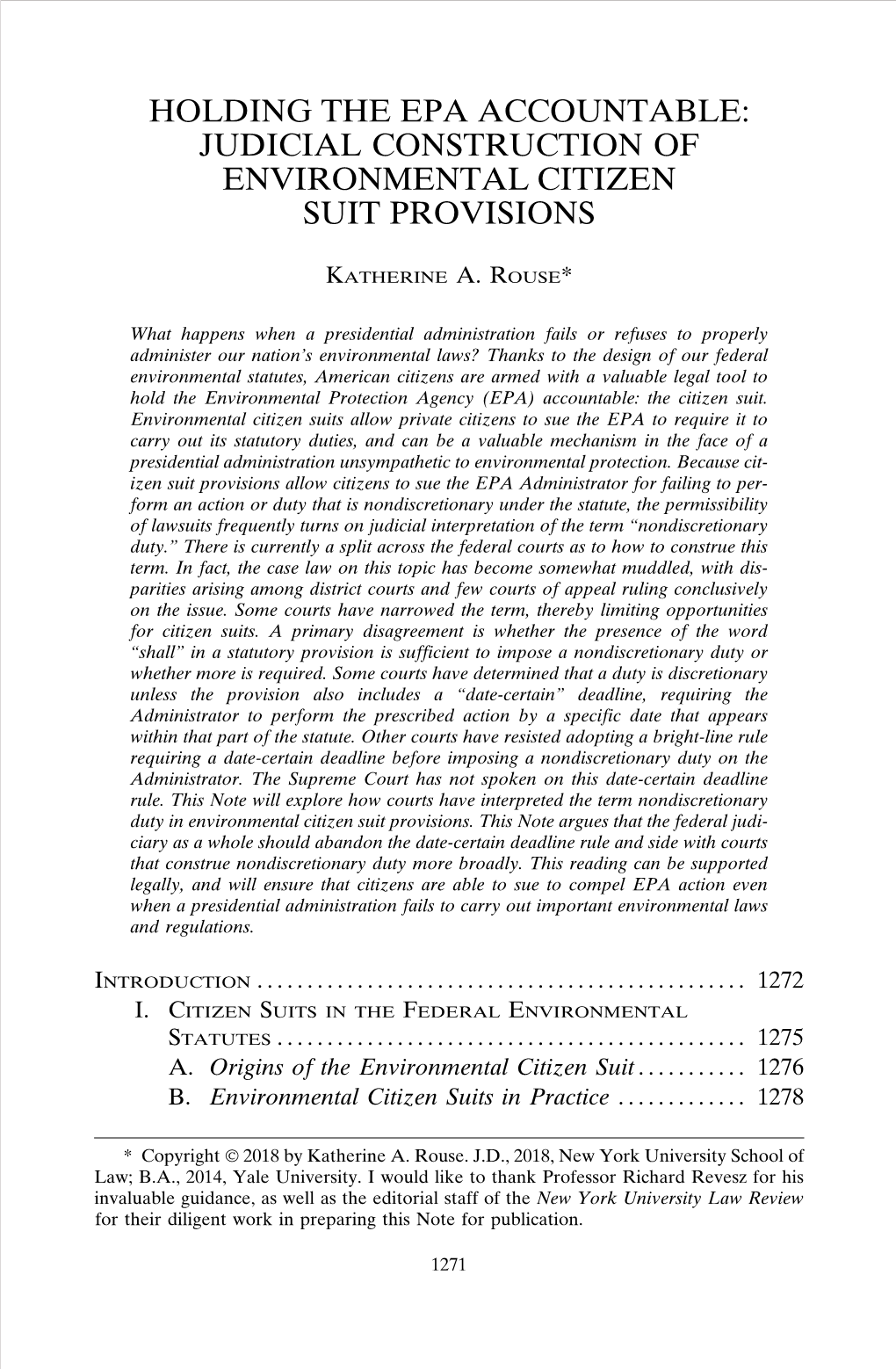 Holding the Epa Accountable: Judicial Construction of Environmental Citizen Suit Provisions