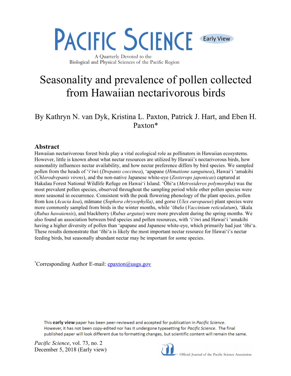 Seasonality and Prevalence of Pollen Collected from Hawaiian Nectarivorous Birds